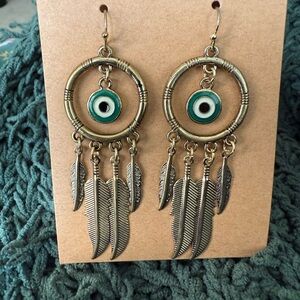 Bohemian Silver and Green Feather Earrings